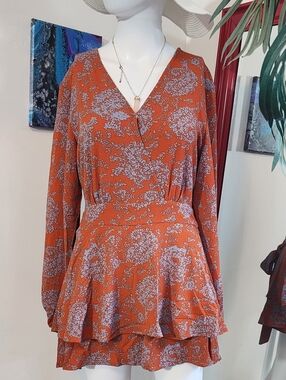 Classic Rust Floral Long-Sleeve V-Neck Mini Dress